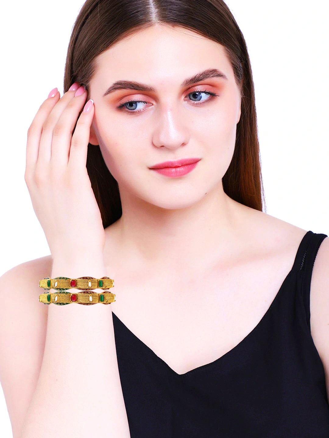 Gold Plated Rajwadi Meenakari Multi CZ 2Pc Bangle Kada